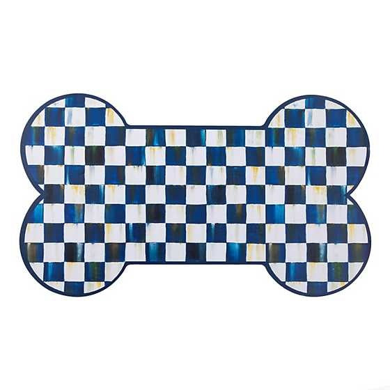 Royal Check Pup Placemat: polypropylene dog placemat with rubber backing in a royal blue and white checkered pattern.