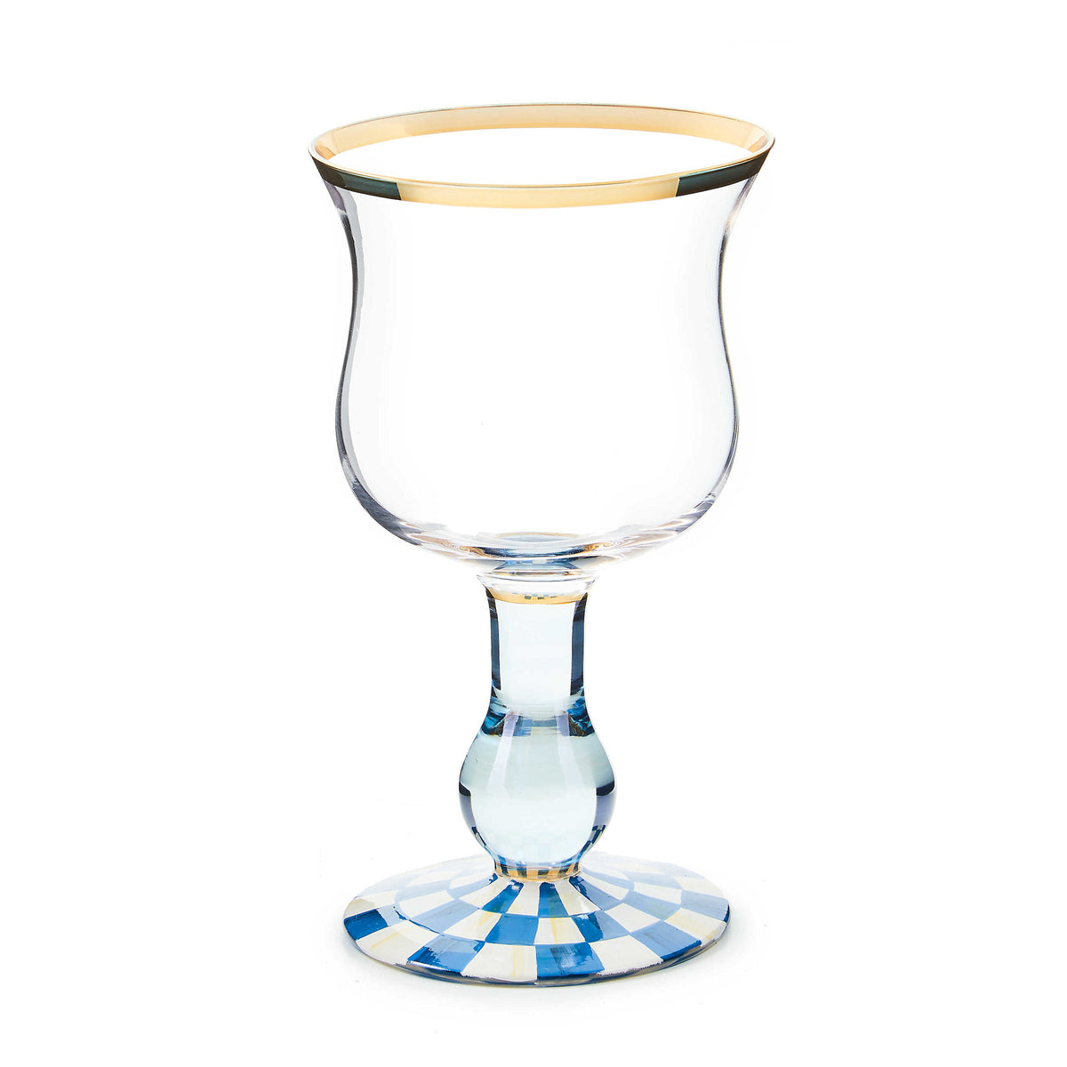 Hand-painted Royal Check wine glass with gold lustre embellishment on rim