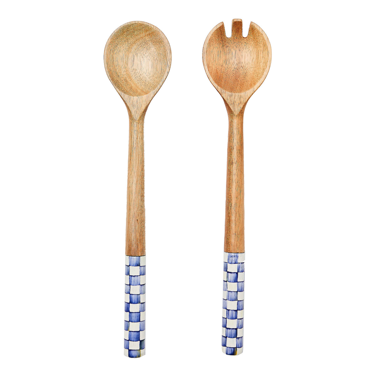 Wood salad servers with hand-painted Royal Check enamel coating on handles