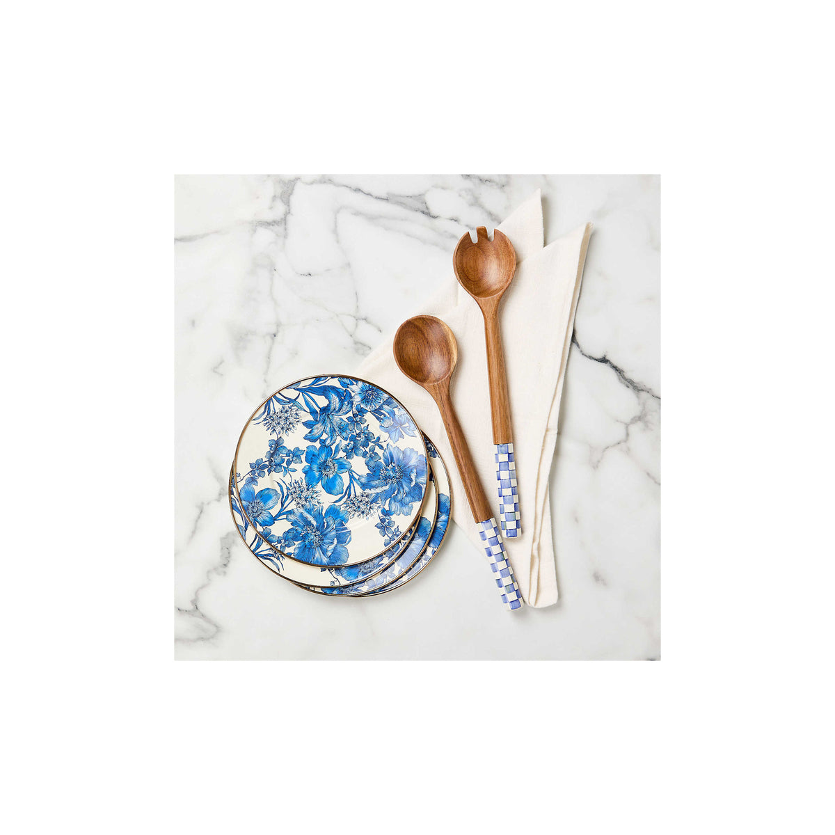 Wood salad servers with hand-painted Royal Check enamel coating on handles