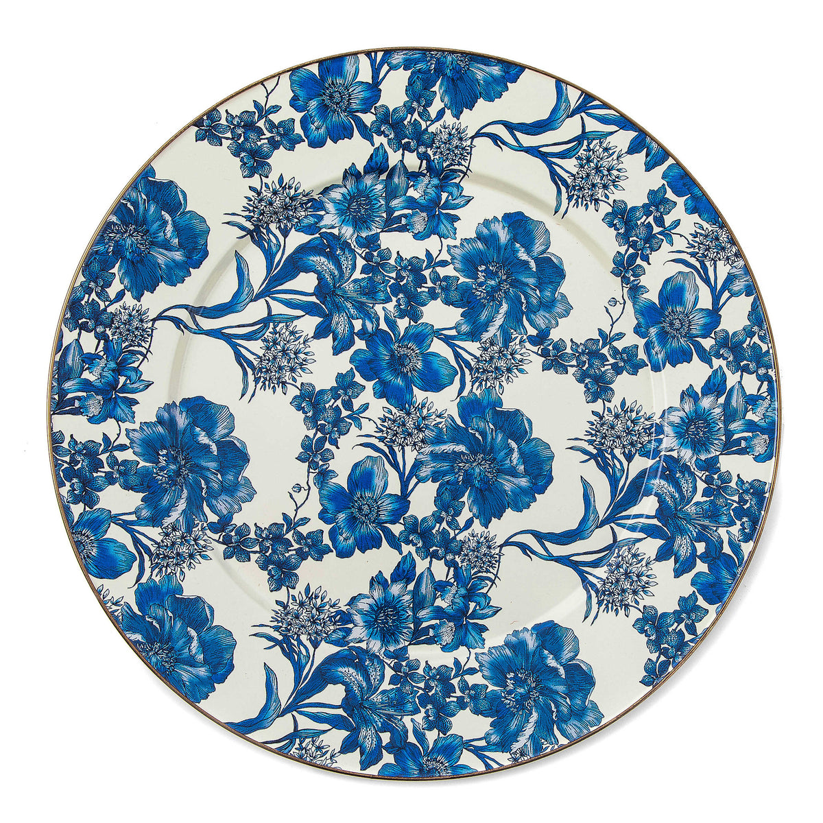 Round floral enamel serving platter with bronzed stainless steel rim