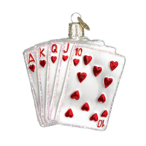 Royal Flush ornament shaped like a playing card with red suit symbols on white background