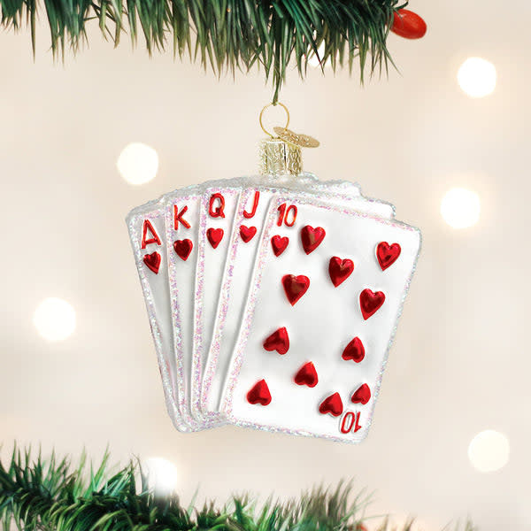 Royal Flush ornament featuring poker card designs in red on a glossy finish with dimensions 3.5 x 2.5 inches.