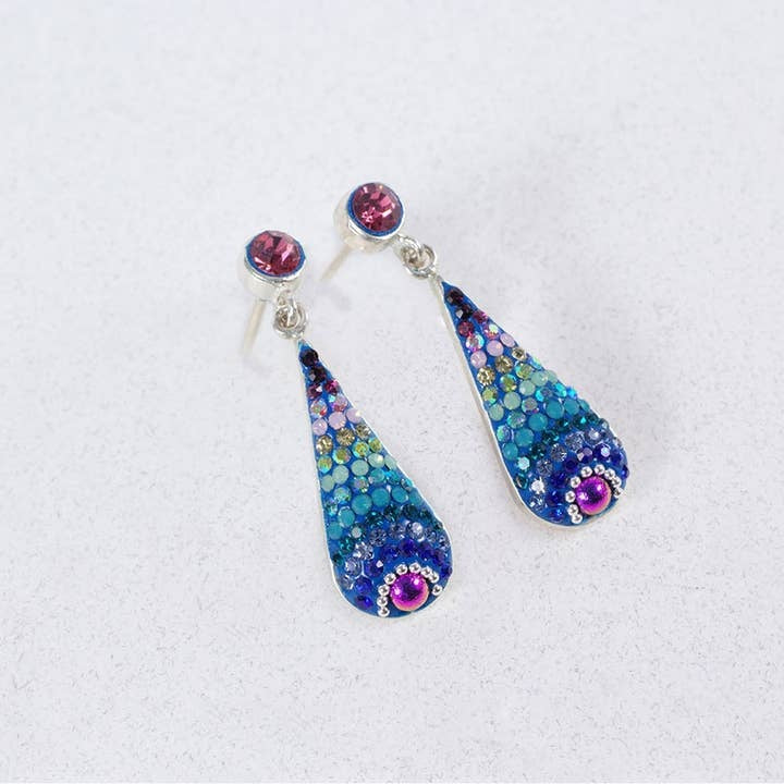 Sterling silver long drop stud earrings featuring Austrian crystals in a royal pattern silhouette.