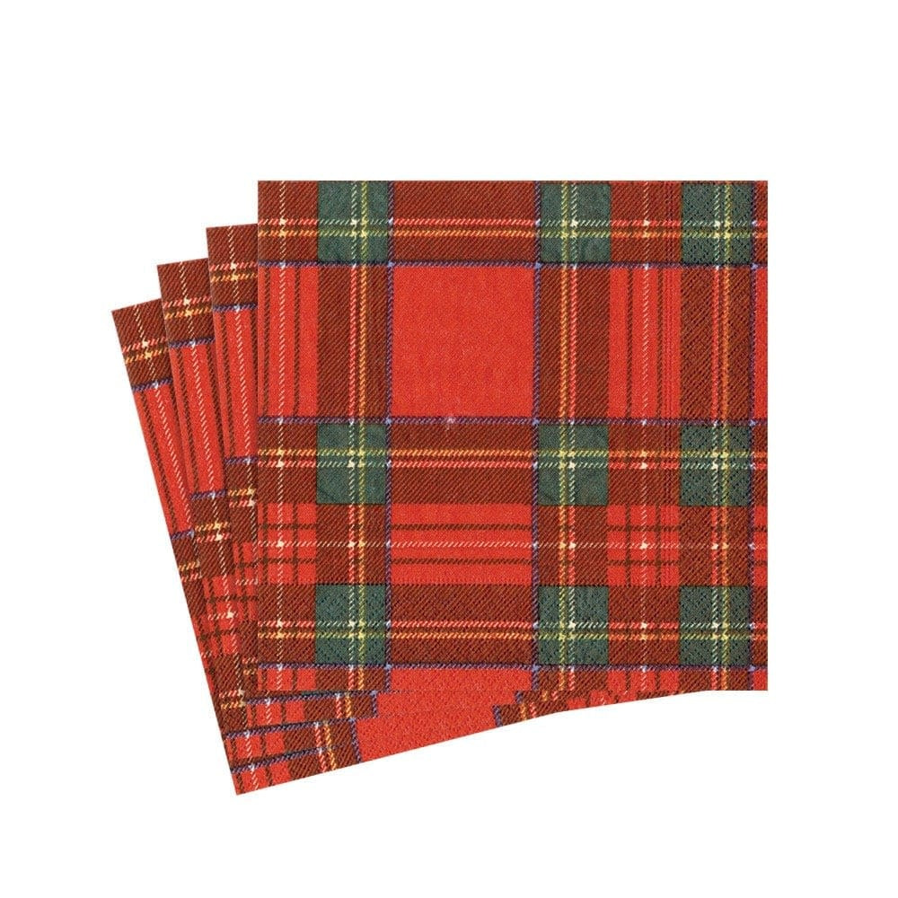 Royal plaid paper cocktail napkins in red, black, and cream with a classic checkered pattern.
