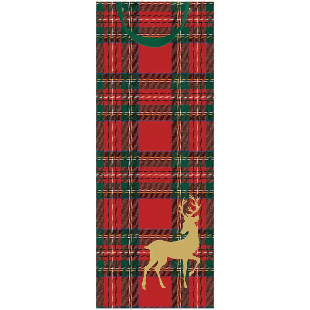 Small square Royal Plaid Reindeer gift bag with a strong handle featuring festive reindeer and plaid patterns in cheerful colors.