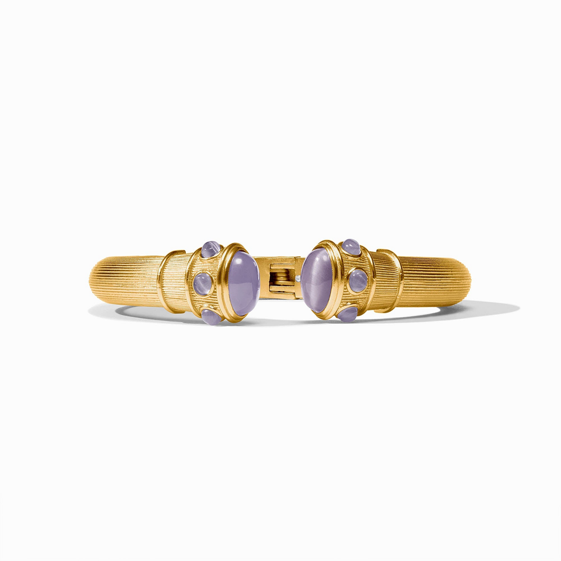 Cobblestone Demi Cuff in 24K gold plate with lavender glass cabochons and a spring hinge closure.