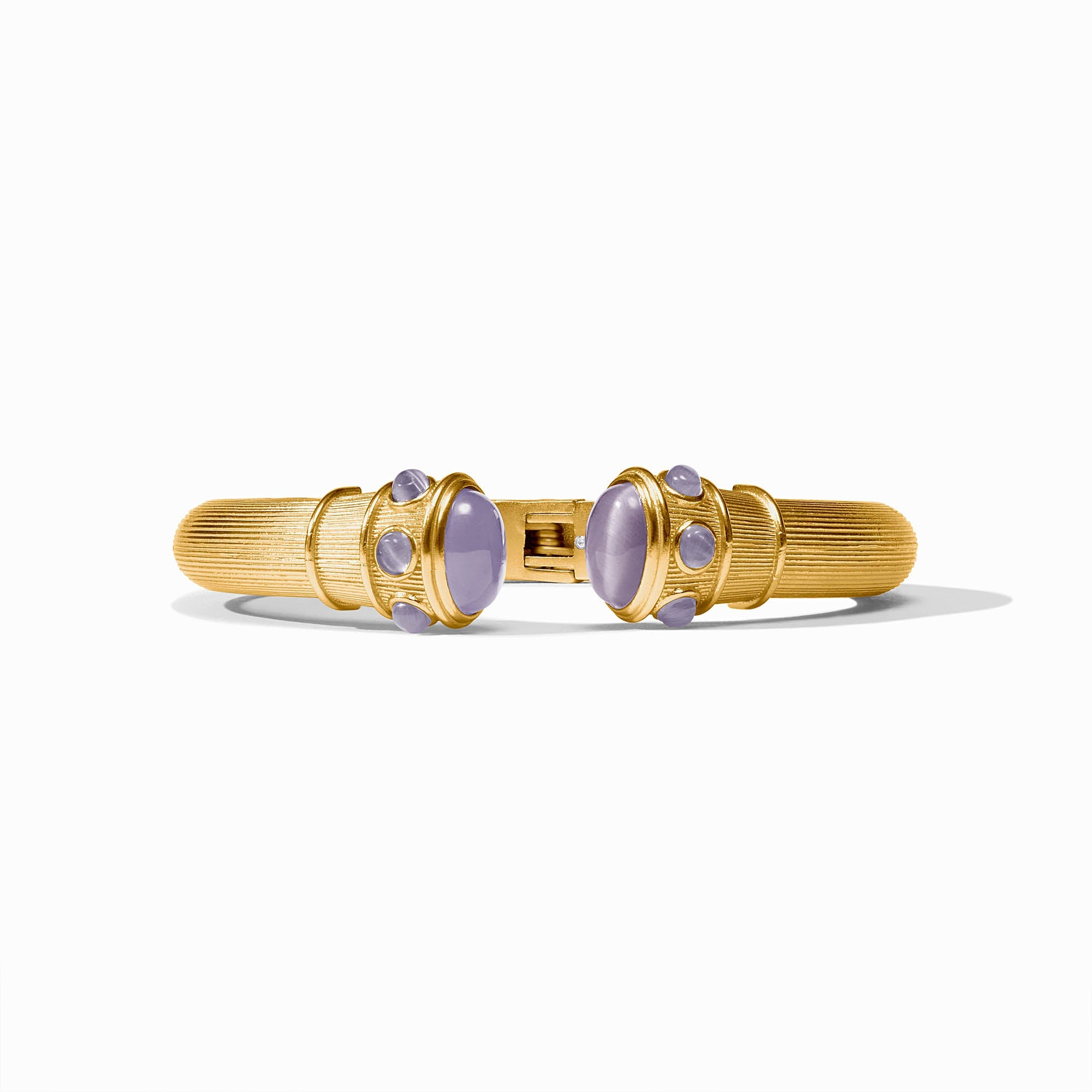 Cobblestone Demi Cuff in 24K gold plate with lavender glass cabochons and a spring hinge closure.