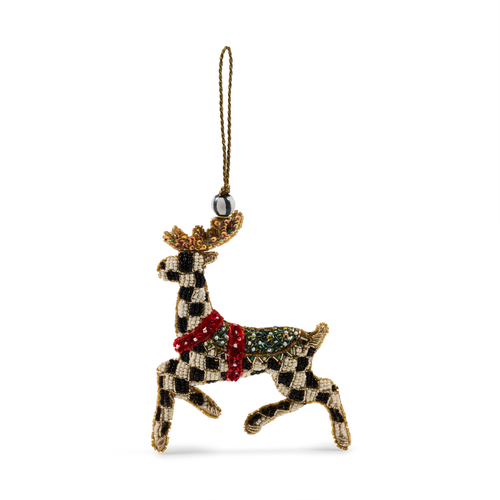 Westminster Deer Beaded Ornament with black and white checks, red harness, and gold antlers.
