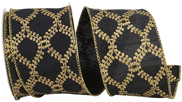 Black dupioni ribbon with gold filigree crest wired edge