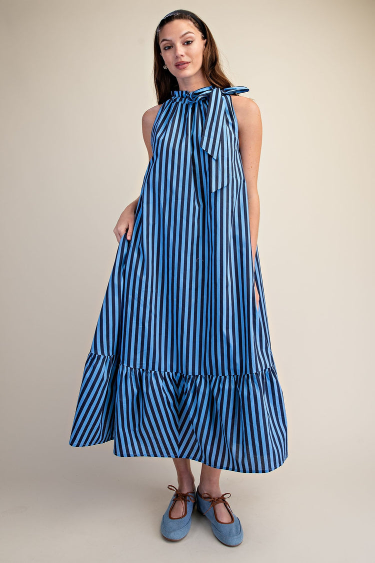 Sleeveless striped midi dress with ruffle neckline in cotton fabric