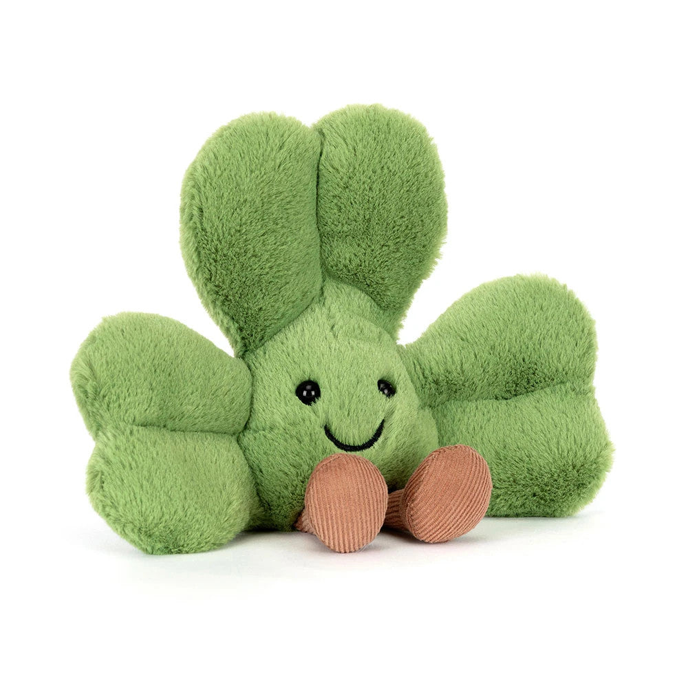 Amuseables Siofra Shamrock plush toy with a smiling face and corduroy legs.