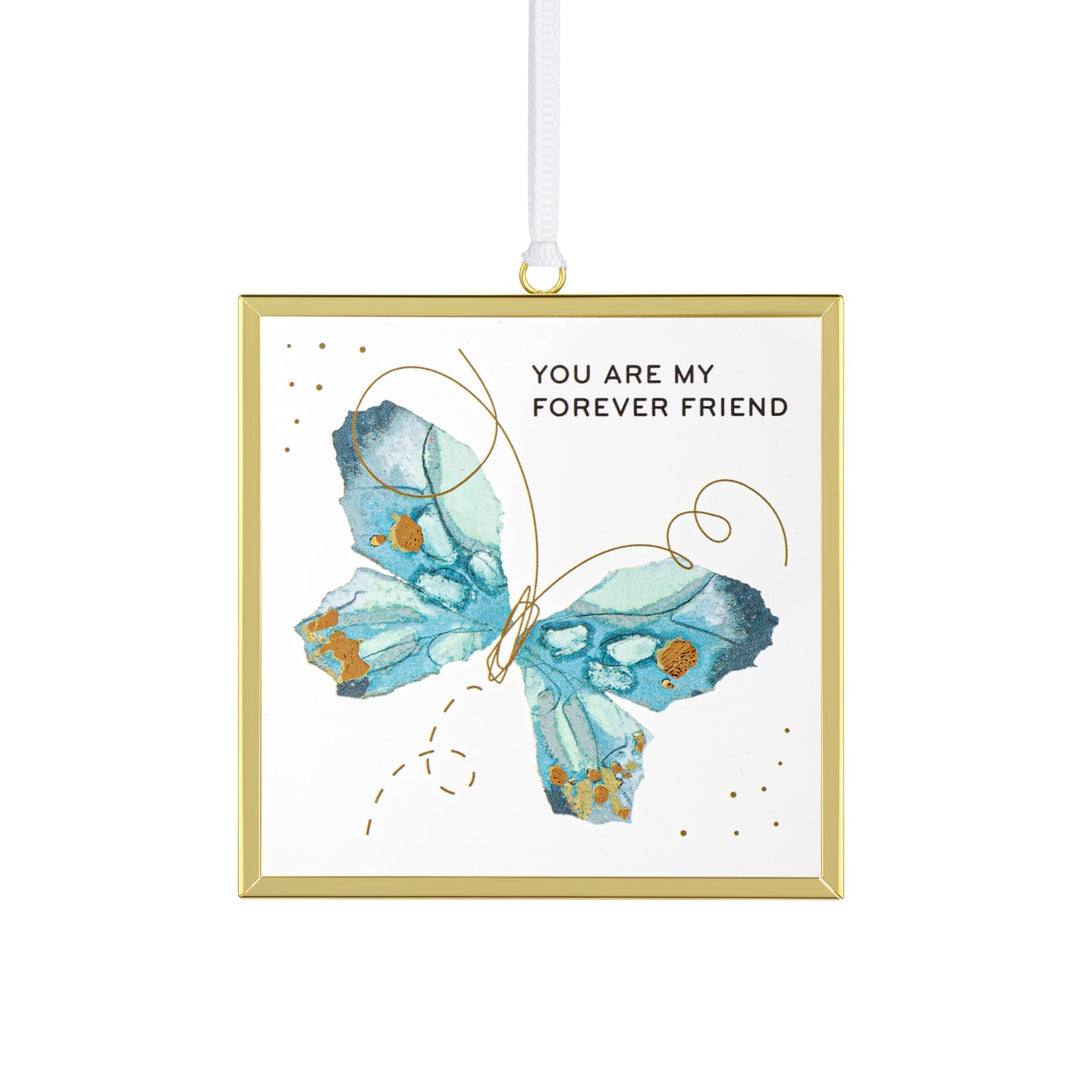 Square glass butterfly suncatcher with gold frame and 'You are my forever friend' text.