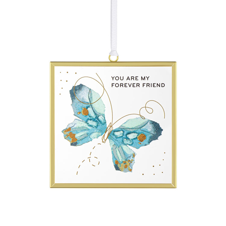 Square glass butterfly suncatcher with gold frame and 'You are my forever friend' text.