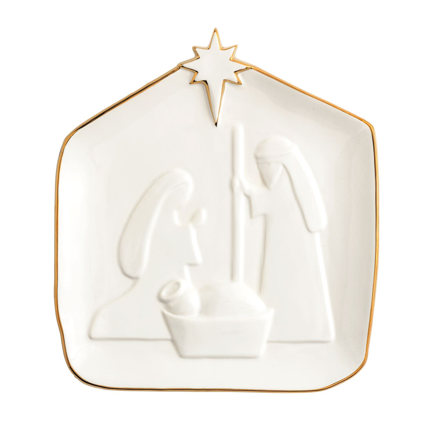 White stoneware platter with a raised Nativity scene and hand-painted gold rim.