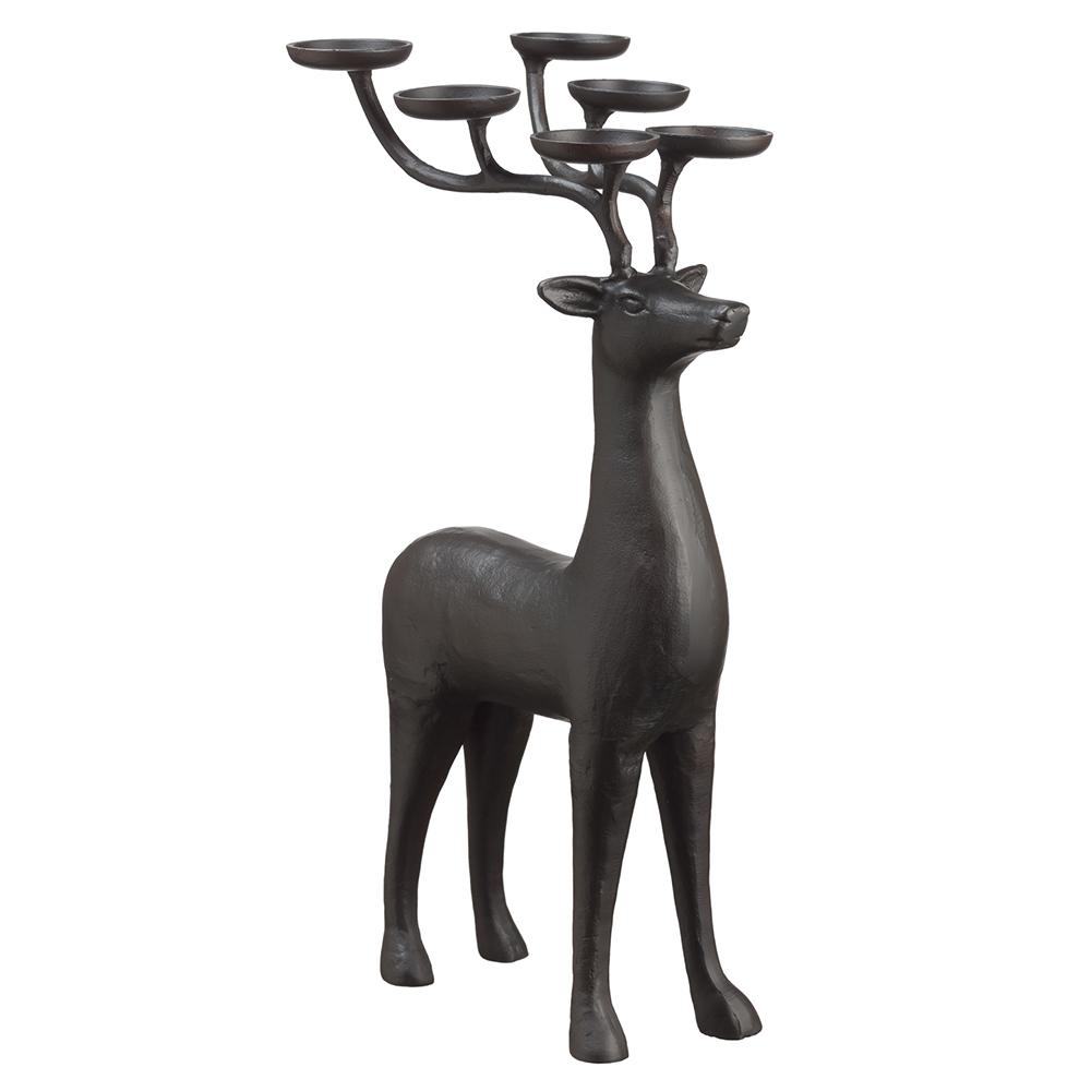29-inch bronze aluminum reindeer candleholder with six candle plates on its antlers.