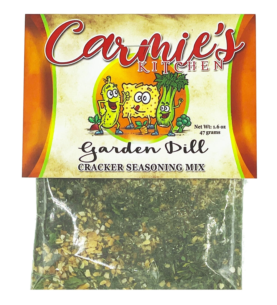 Carmie's Kitchen Garden Dill Cracker Seasoning Mix in a 1.6 oz clear packet with a colorful label.