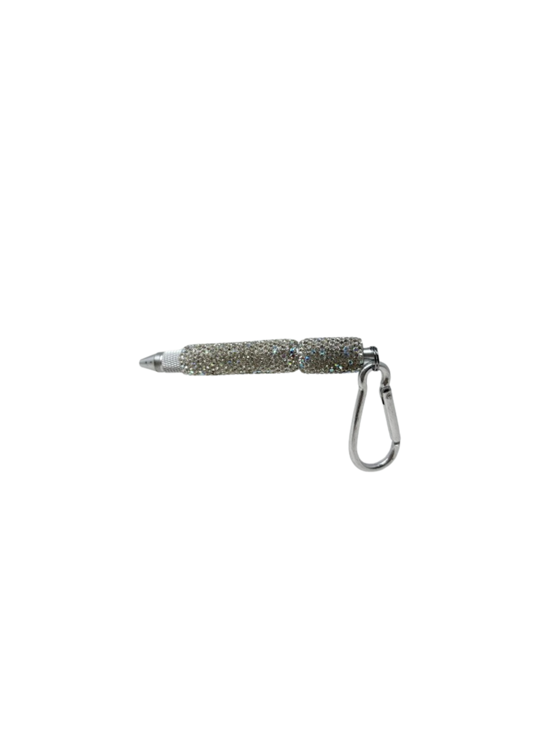 Silver rhinestone-covered multi-functional keychain tool with a metal carabiner clip.