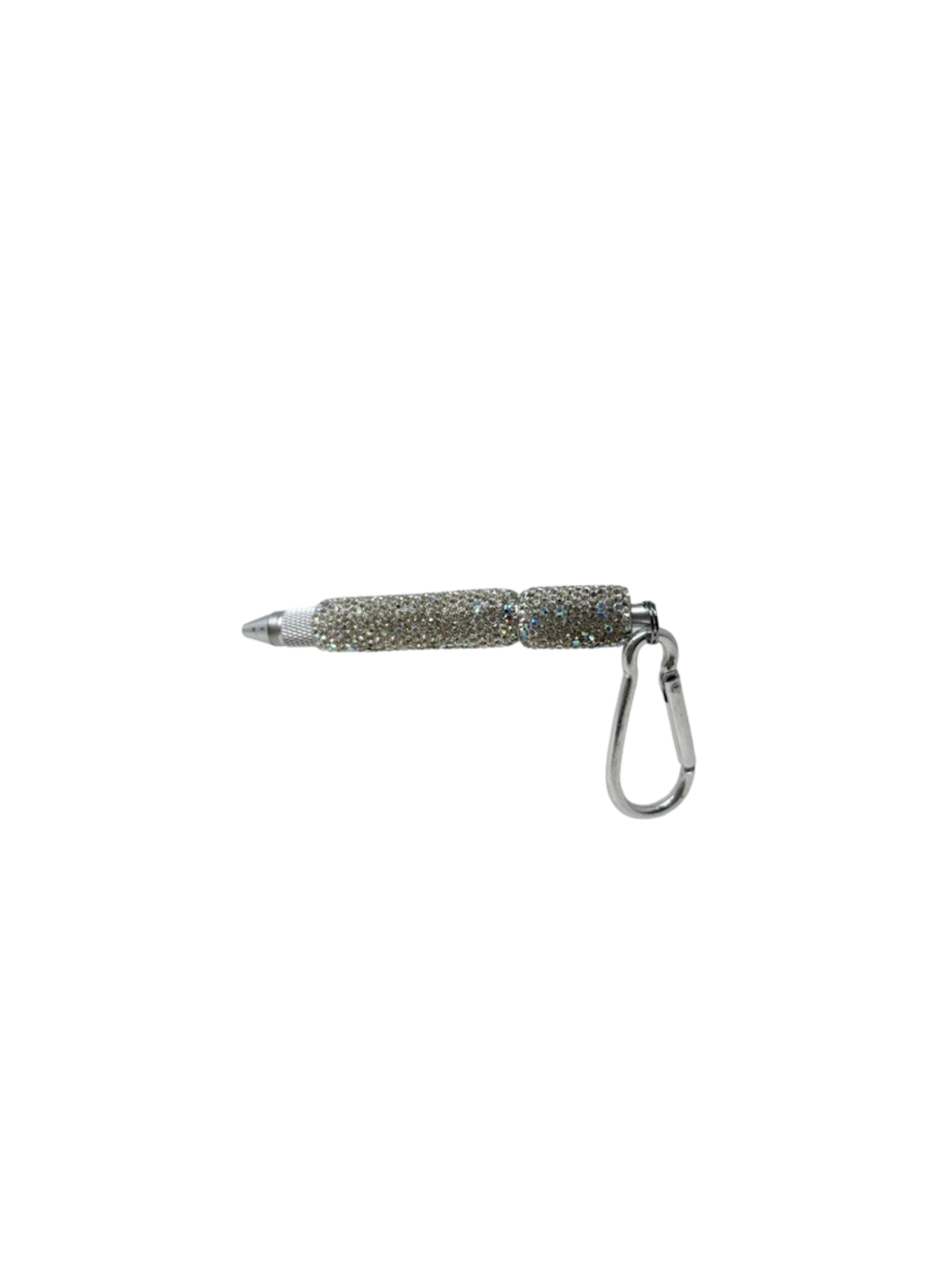 Silver rhinestone-covered multi-functional keychain tool with a metal carabiner clip.