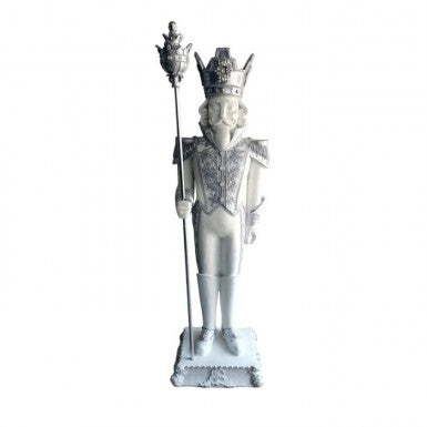 70-inch white and silver royal nutcracker figurine holding a staff on a decorative base.
