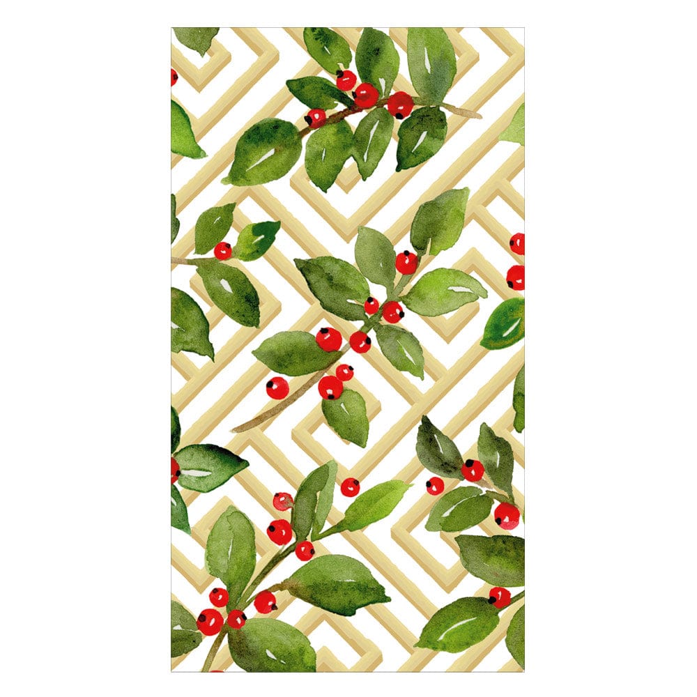 White guest towel with a watercolor pattern of green holly leaves, red berries, and gold fretwork.