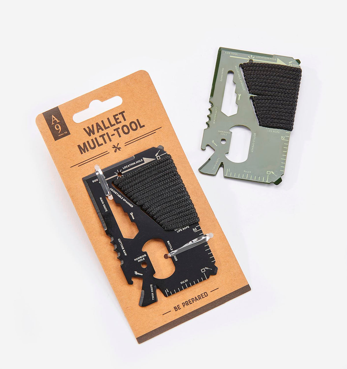 Black and olive green multi-function wallet tools with cord wrap on cardboard packaging.