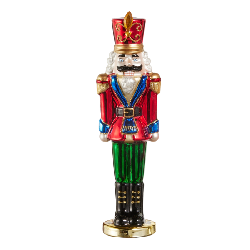 11-inch glass nutcracker soldier ornament with red jacket, green pants, and gold accents.