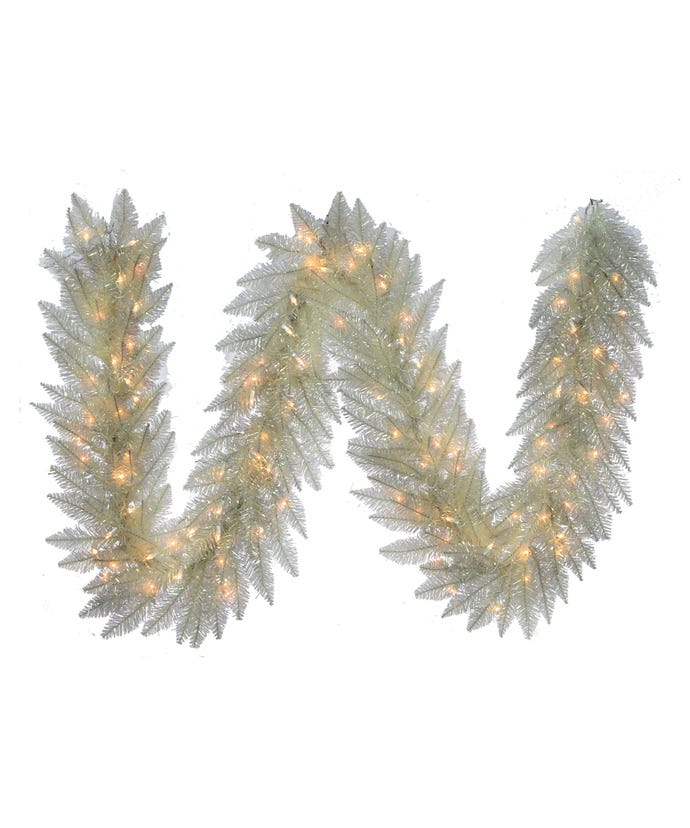 9-foot pre-lit iridescent white garland with 100 clear incandescent lights and 220 tips.