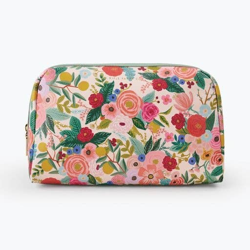 Textured gold PU cosmetic pouch with foil stamped logo and wipe-clean lining