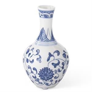 Blue and white ceramic mini bud vase with chinoiserie floral patterns.