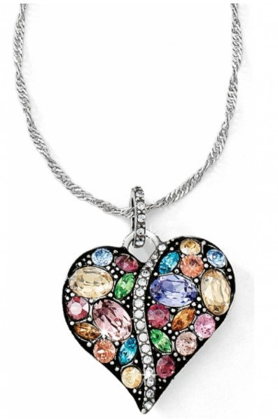 Silver plated adjustable necklace with a pastel multi crystal heart pendant featuring an engraved message.
