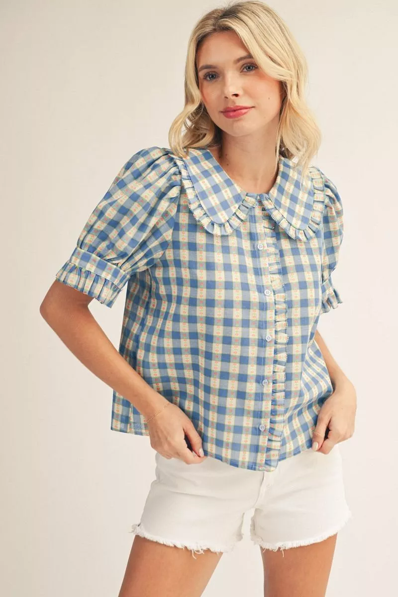 Denise Short Sleeve Check Print Top