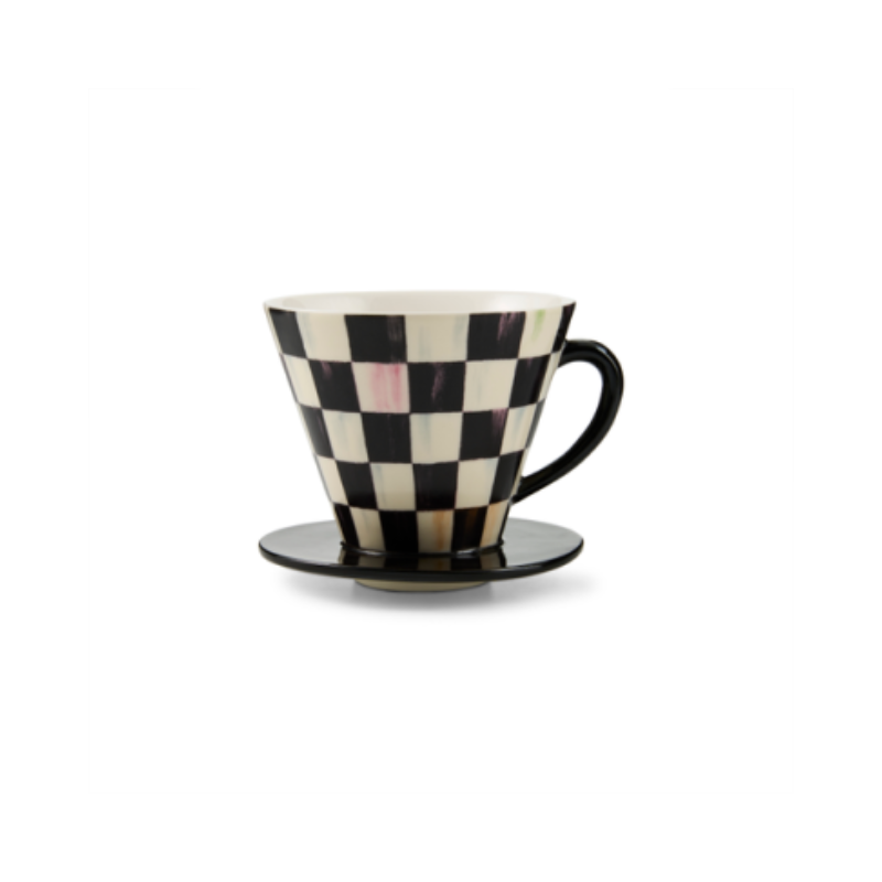Courtly Check coffee pour over with a black and white checkered pattern and a black base.