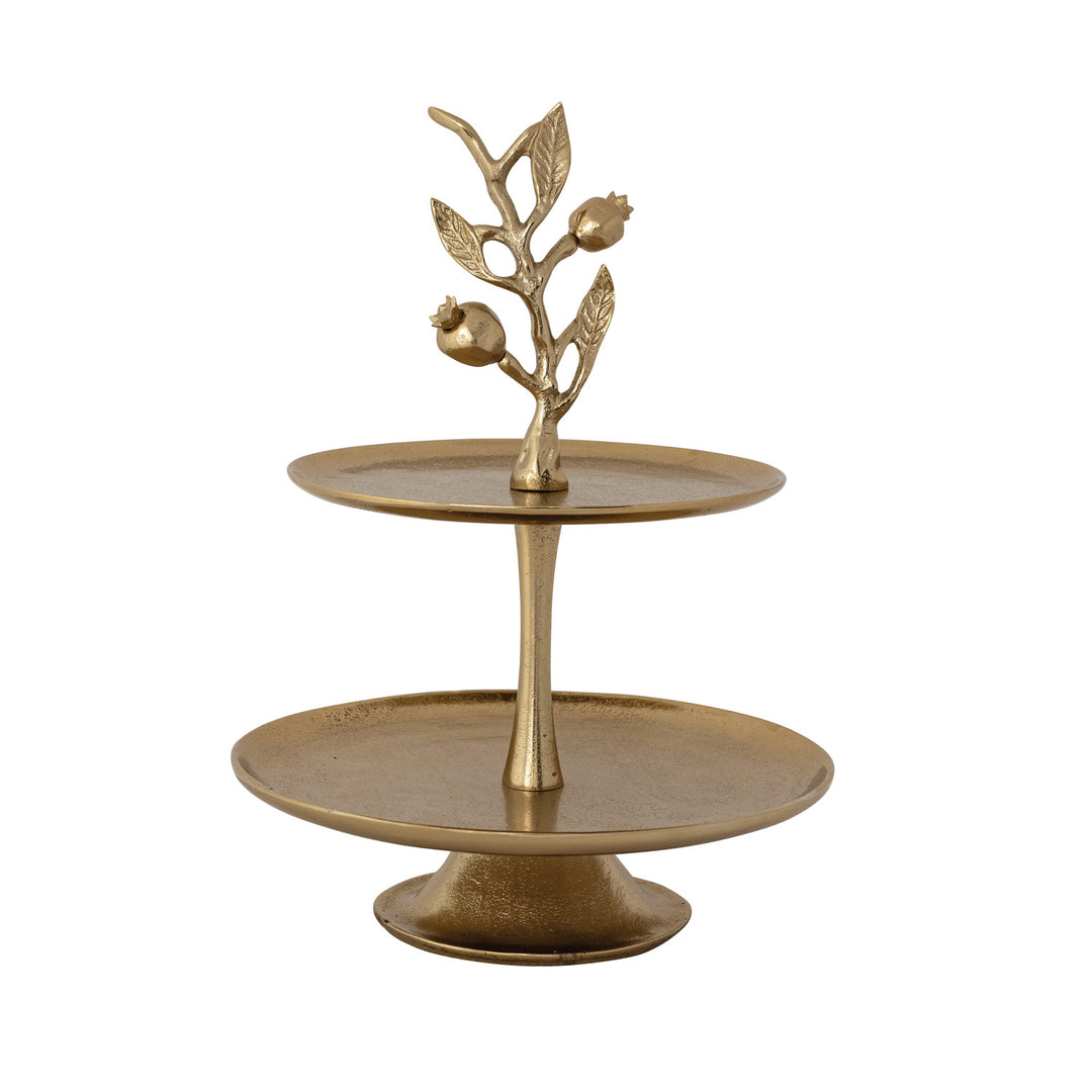 Gold cast aluminum 2-tier tray featuring a decorative pomegranate branch shaped handle.