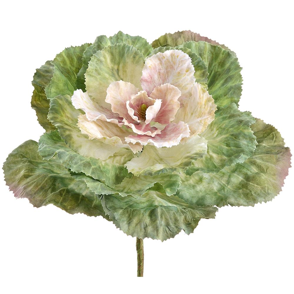 Ornamental cabbage pick with polyester leaves in green and purple hues on a wire stem.