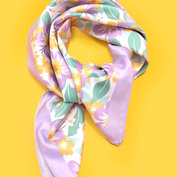 Tropical flower print silky bandana scarf with vibrant botanical pattern on soft fabric
