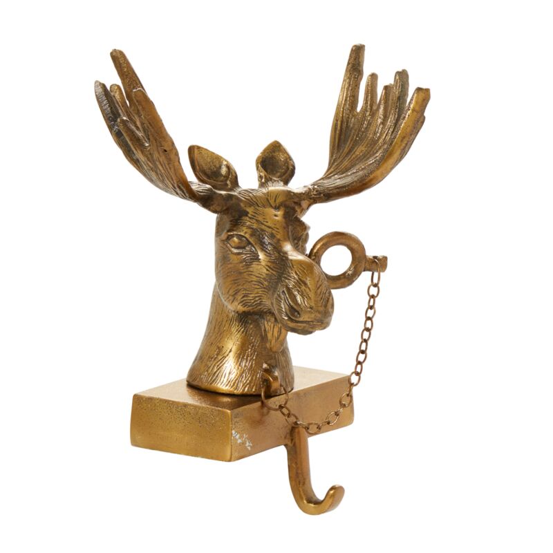 Metal stocking holder with a curved hook designed to hold Christmas stockings.