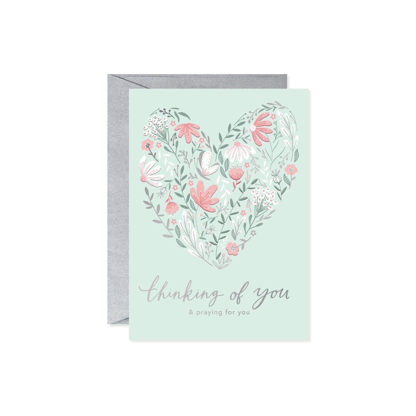 Whimsical heart-shaped card featuring a colorful floral bouquet illustration with green foliage accents.