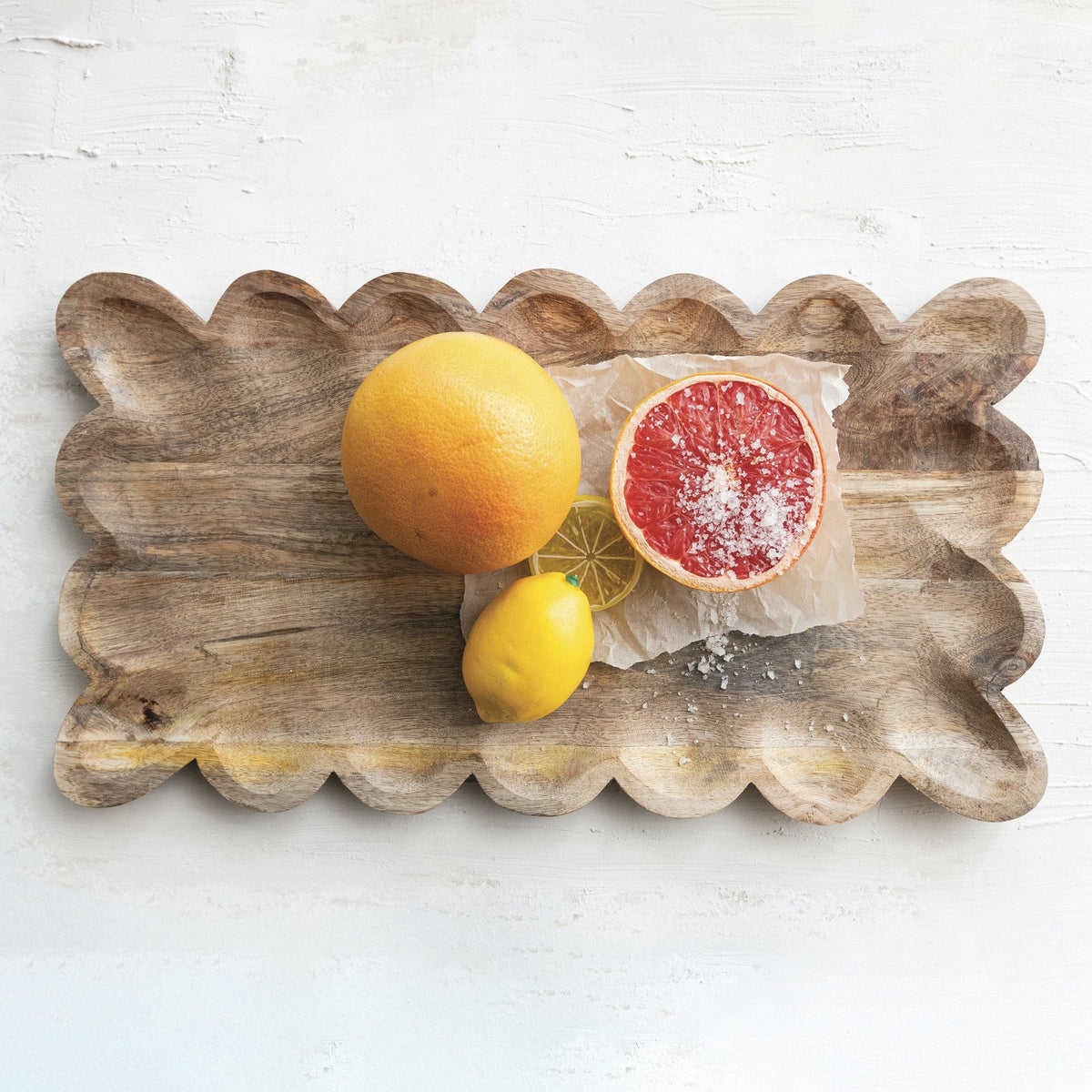 Natural mango wood tray with scalloped edge rim