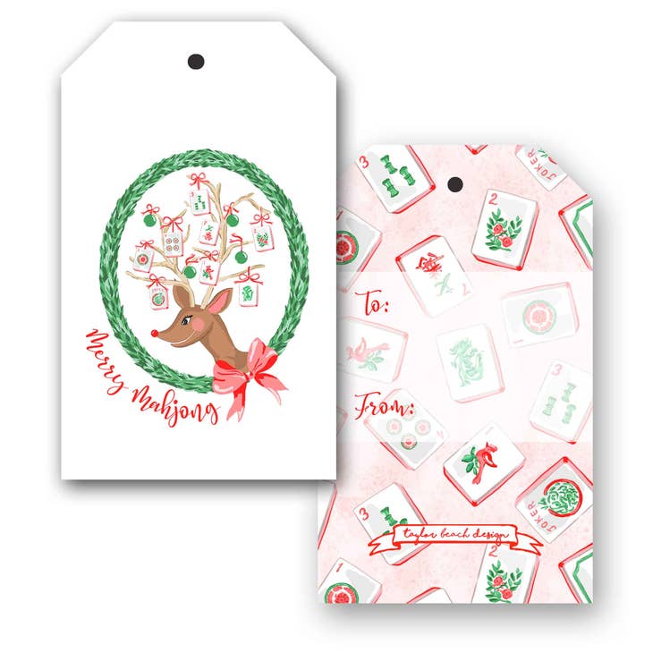 Holiday Mahjong Christmas gift tags featuring a red tile with gold 'Crack, Bam, Dot!' text and festive snowflake patterns.