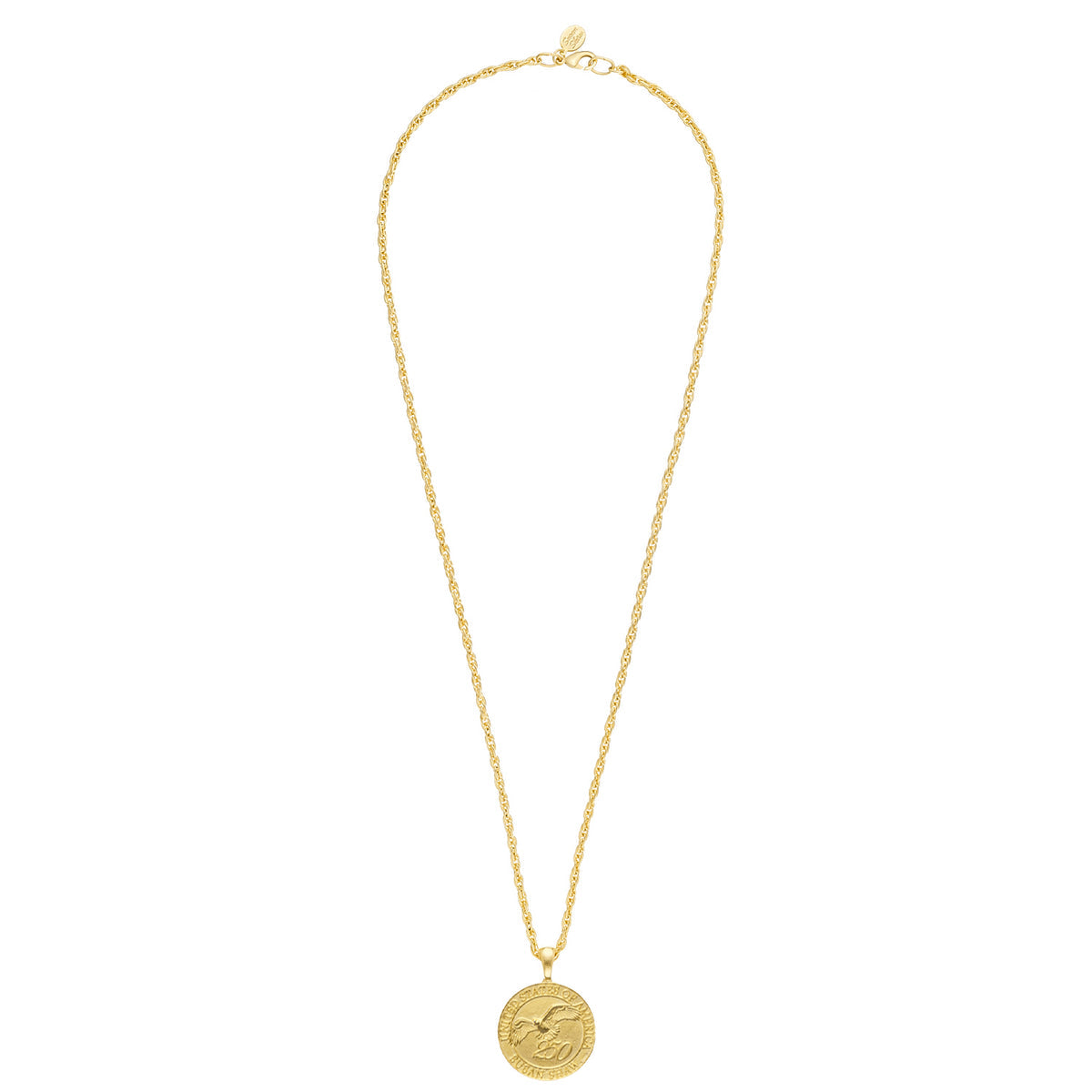 Triple-plated gold USA coin pendant on a 30-inch rope chain necklace with lobster claw clasp.