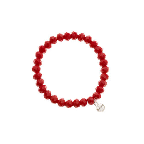 Stretchy beaded bracelet with faceted glass beads in a colorful pattern.