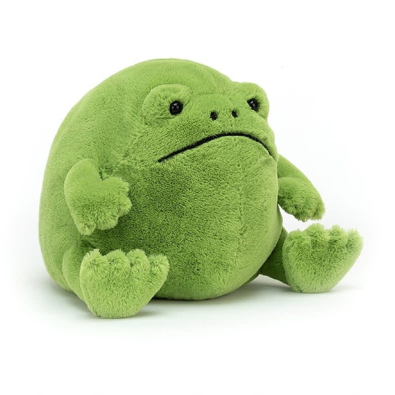 Sitting polyester plush frog toy in pea-green color with chunky silhouette.