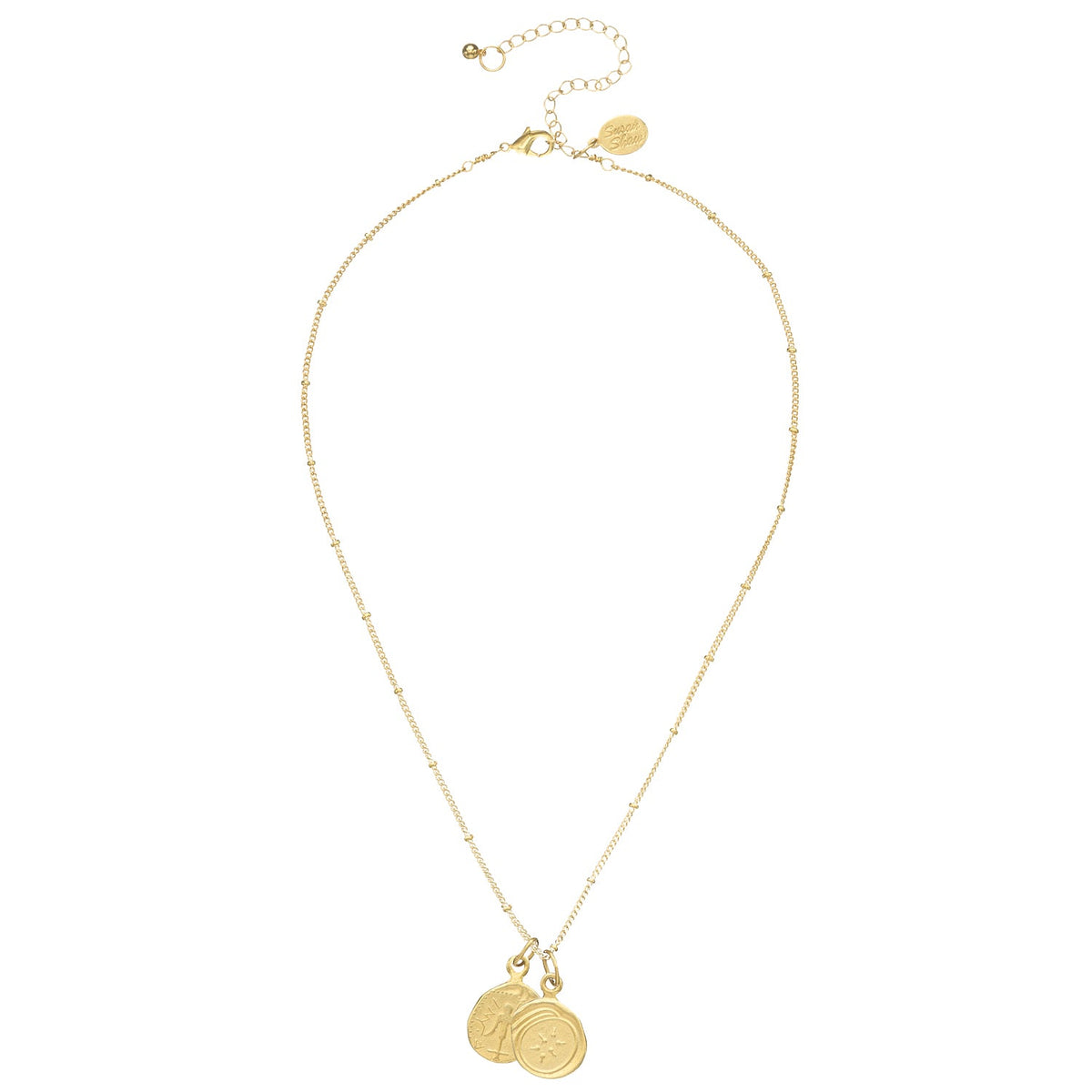 Gold Widow's Mite Necklace with two coin pendants on a delicate beaded chain.