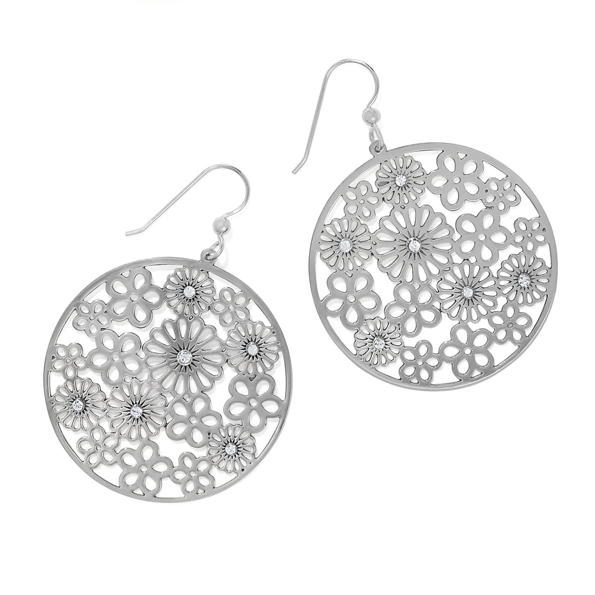 Posey Disc French Wire Earrings in brushed silver with floral cutouts and crystal accents.