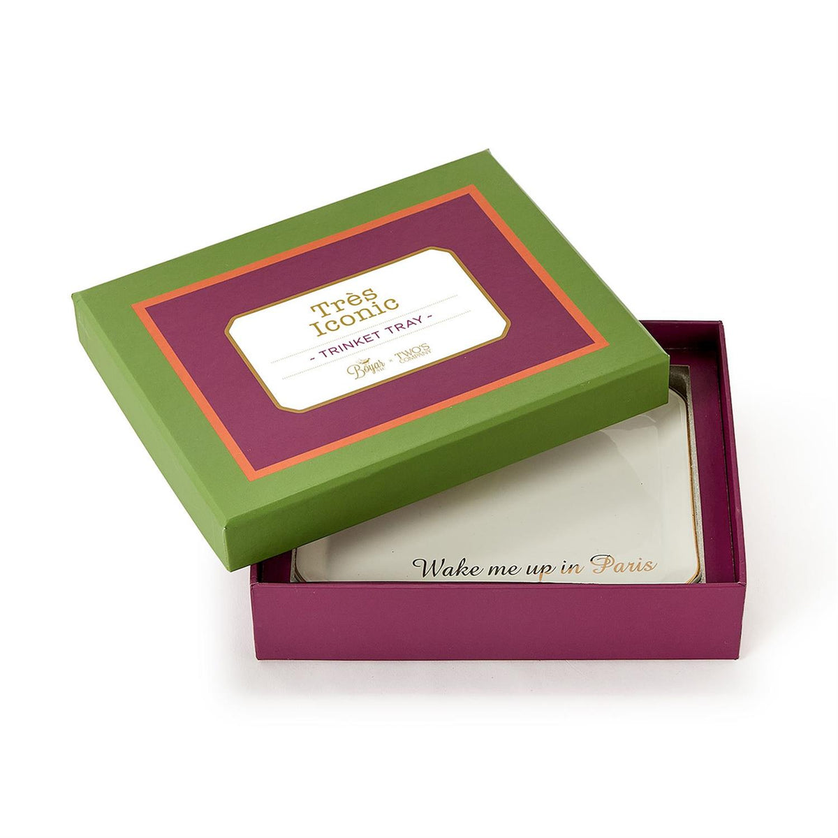 Ceramic trinket tray with "Wake me up in Paris" text in a green and purple gift box.