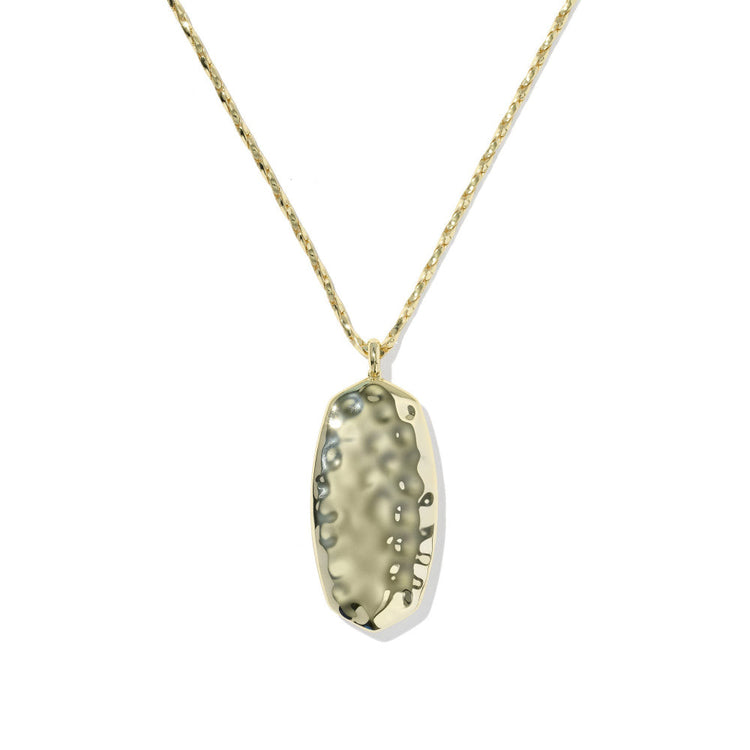 Danielle Riveted Long Pendant Necklace in gold with a hammered metal reversible pendant.