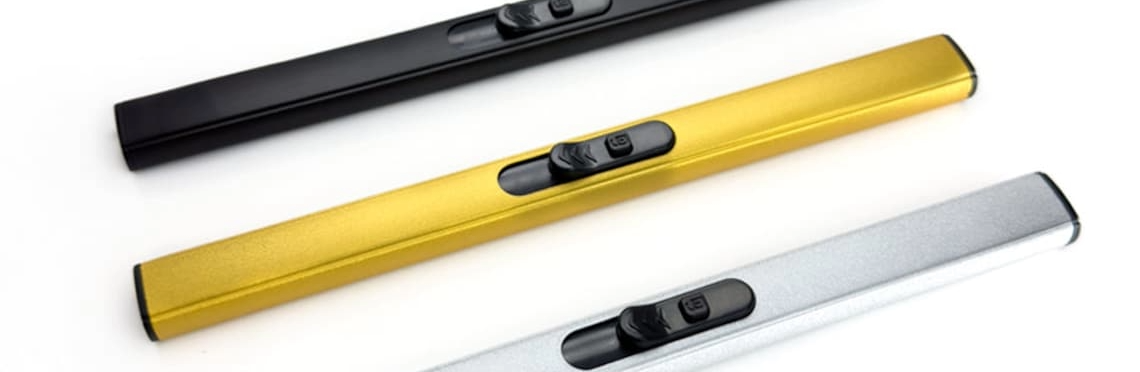 Black electronic lighter with USB rechargeable feature and dual safety switches.