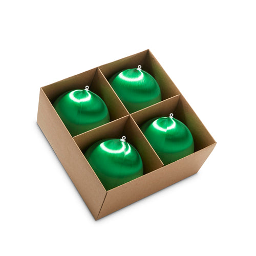 Four-inch green satin ball ornament made of plastic and polyester.
