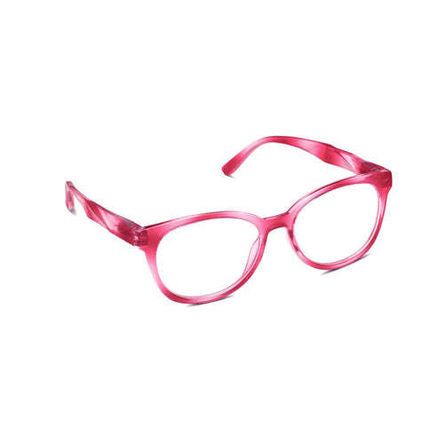 Virginia sunglasses with soft square frame, peepers blue light lenses, angular faceted temples, and dimensional swirl pattern.